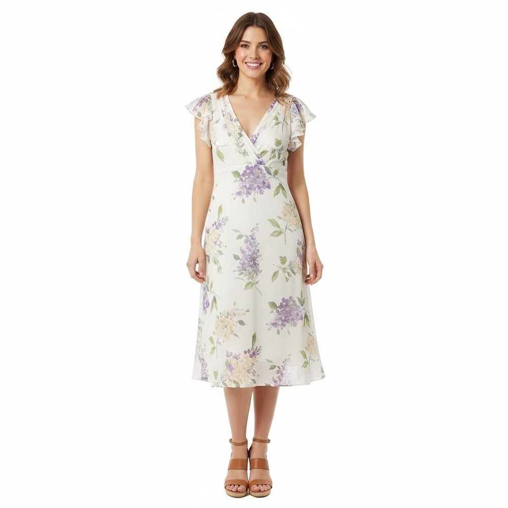 Vintage Y2K Dress Womens Size 6P Petites Ivory Floral Flutter Sleeve Boho Midi